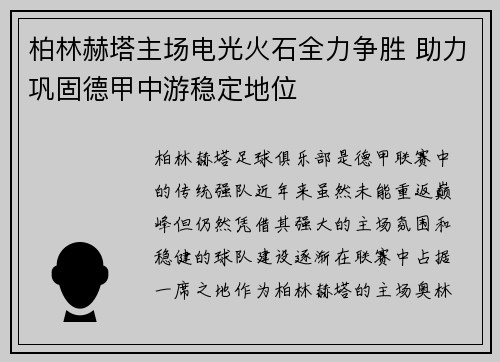 柏林赫塔主场电光火石全力争胜 助力巩固德甲中游稳定地位