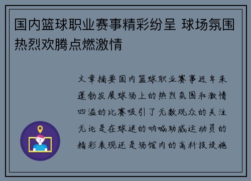 国内篮球职业赛事精彩纷呈 球场氛围热烈欢腾点燃激情