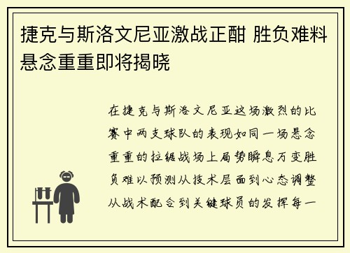 捷克与斯洛文尼亚激战正酣 胜负难料悬念重重即将揭晓