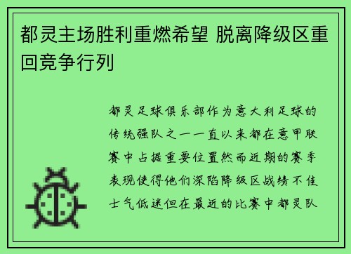 都灵主场胜利重燃希望 脱离降级区重回竞争行列